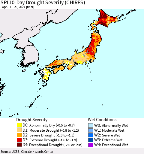 Japan SPI 10-Day Drought Severity (CHIRPS) Thematic Map For 4/11/2024 - 4/20/2024