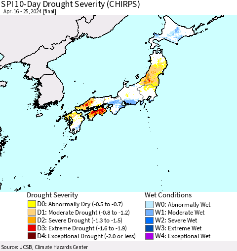 Japan SPI 10-Day Drought Severity (CHIRPS) Thematic Map For 4/16/2024 - 4/25/2024
