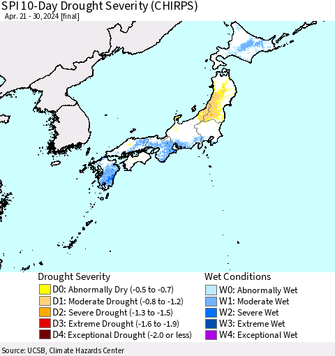 Japan SPI 10-Day Drought Severity (CHIRPS) Thematic Map For 4/21/2024 - 4/30/2024