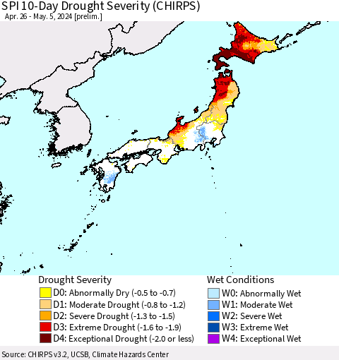 Japan SPI 10-Day Drought Severity (CHIRPS) Thematic Map For 4/26/2024 - 5/5/2024