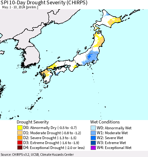 Japan SPI 10-Day Drought Severity (CHIRPS) Thematic Map For 5/1/2024 - 5/10/2024