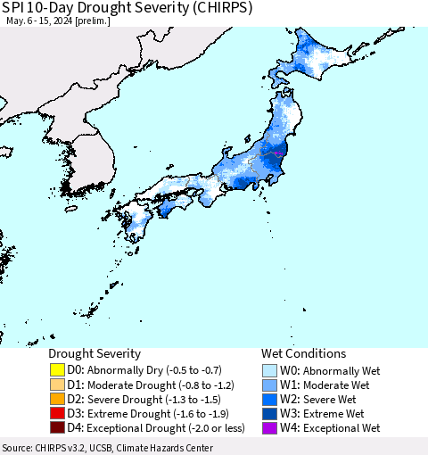 Japan SPI 10-Day Drought Severity (CHIRPS) Thematic Map For 5/6/2024 - 5/15/2024