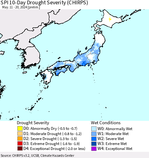 Japan SPI 10-Day Drought Severity (CHIRPS) Thematic Map For 5/11/2024 - 5/20/2024