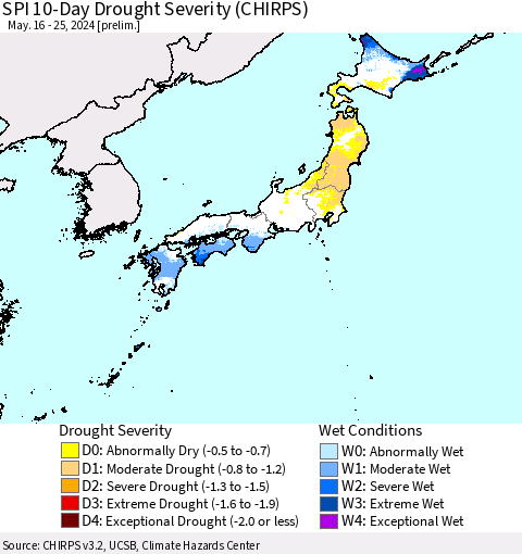 Japan SPI 10-Day Drought Severity (CHIRPS) Thematic Map For 5/16/2024 - 5/25/2024