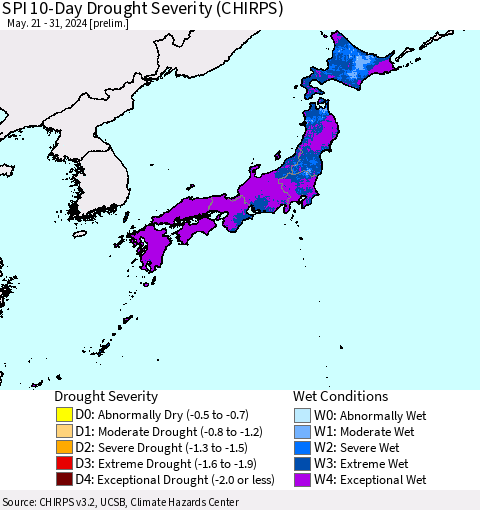 Japan SPI 10-Day Drought Severity (CHIRPS) Thematic Map For 5/21/2024 - 5/31/2024