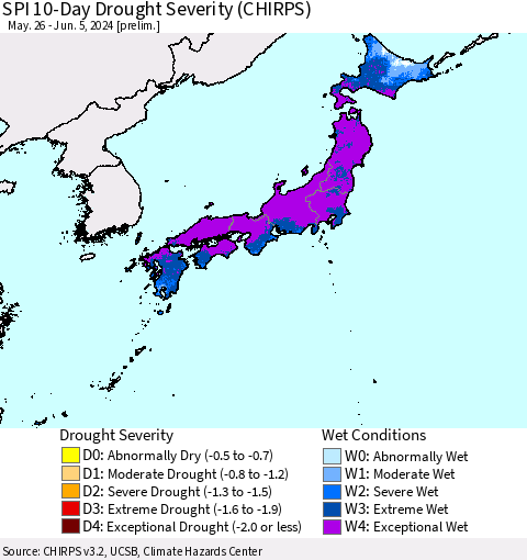 Japan SPI 10-Day Drought Severity (CHIRPS) Thematic Map For 5/26/2024 - 6/5/2024