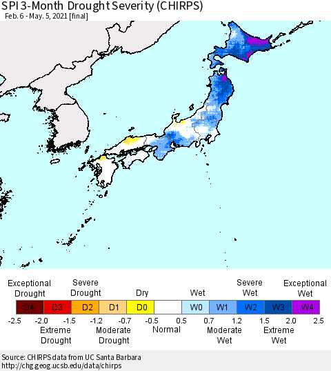 Japan SPI 3-Month Drought Severity (CHIRPS) Thematic Map For 2/6/2021 - 5/5/2021