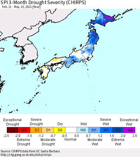 Japan SPI 3-Month Drought Severity (CHIRPS) Thematic Map For 2/11/2021 - 5/10/2021