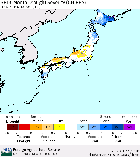 Japan SPI 3-Month Drought Severity (CHIRPS) Thematic Map For 2/16/2021 - 5/15/2021