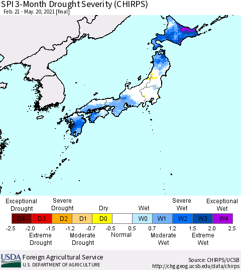 Japan SPI 3-Month Drought Severity (CHIRPS) Thematic Map For 2/21/2021 - 5/20/2021
