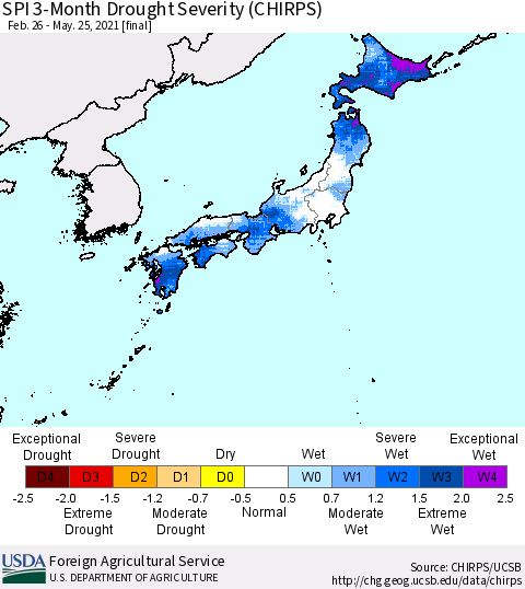 Japan SPI 3-Month Drought Severity (CHIRPS) Thematic Map For 2/26/2021 - 5/25/2021