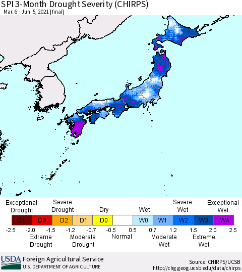 Japan SPI 3-Month Drought Severity (CHIRPS) Thematic Map For 3/6/2021 - 6/5/2021