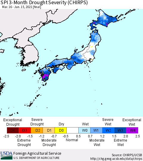 Japan SPI 3-Month Drought Severity (CHIRPS) Thematic Map For 3/16/2021 - 6/15/2021