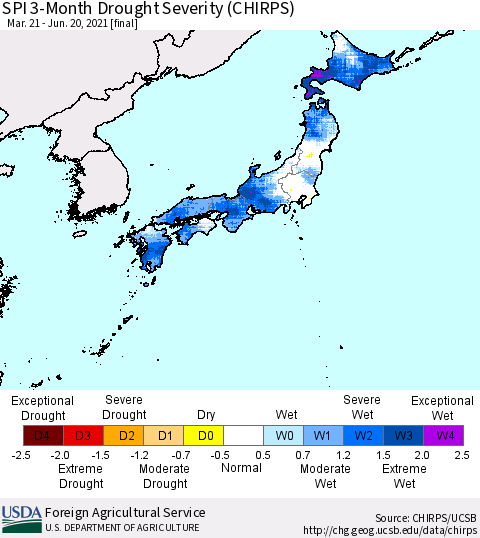 Japan SPI 3-Month Drought Severity (CHIRPS) Thematic Map For 3/21/2021 - 6/20/2021
