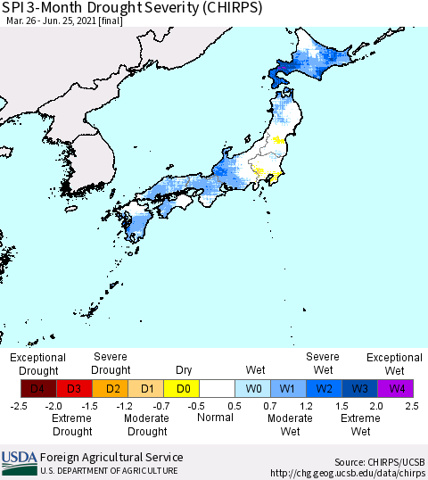 Japan SPI 3-Month Drought Severity (CHIRPS) Thematic Map For 3/26/2021 - 6/25/2021