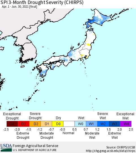 Japan SPI 3-Month Drought Severity (CHIRPS) Thematic Map For 4/1/2021 - 6/30/2021