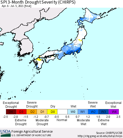 Japan SPI 3-Month Drought Severity (CHIRPS) Thematic Map For 4/6/2021 - 7/5/2021
