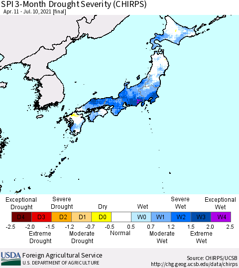 Japan SPI 3-Month Drought Severity (CHIRPS) Thematic Map For 4/11/2021 - 7/10/2021