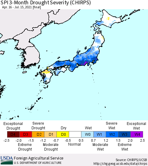Japan SPI 3-Month Drought Severity (CHIRPS) Thematic Map For 4/16/2021 - 7/15/2021
