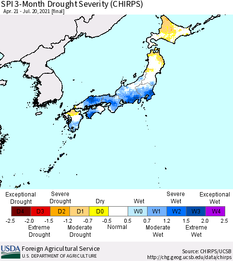 Japan SPI 3-Month Drought Severity (CHIRPS) Thematic Map For 4/21/2021 - 7/20/2021