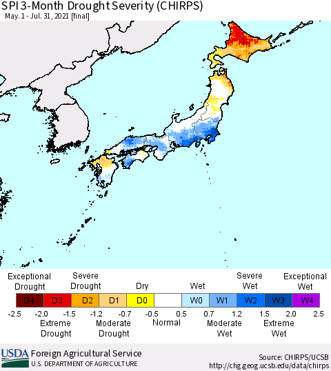 Japan SPI 3-Month Drought Severity (CHIRPS) Thematic Map For 5/1/2021 - 7/31/2021