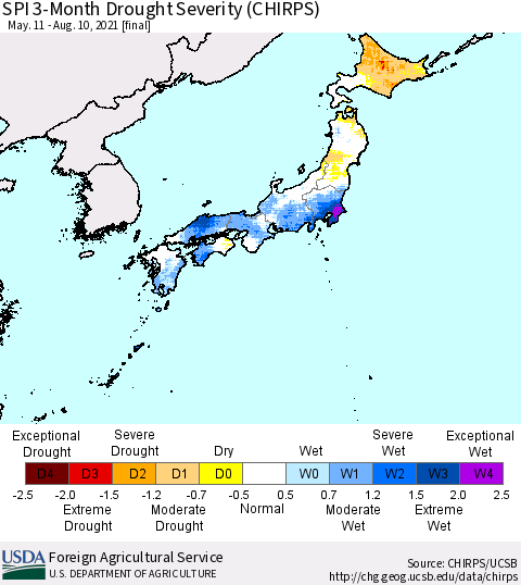 Japan SPI 3-Month Drought Severity (CHIRPS) Thematic Map For 5/11/2021 - 8/10/2021