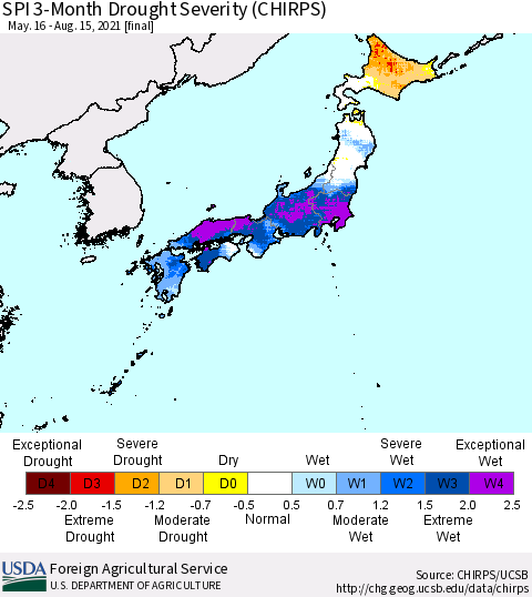 Japan SPI 3-Month Drought Severity (CHIRPS) Thematic Map For 5/16/2021 - 8/15/2021