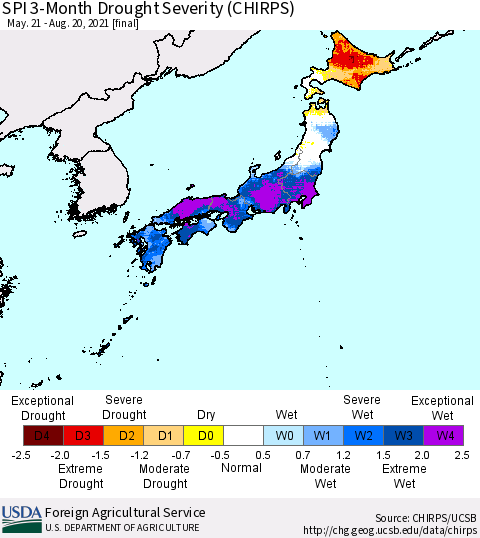 Japan SPI 3-Month Drought Severity (CHIRPS) Thematic Map For 5/21/2021 - 8/20/2021