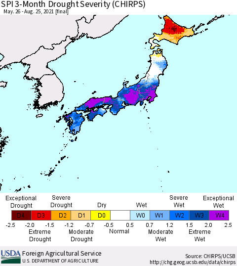 Japan SPI 3-Month Drought Severity (CHIRPS) Thematic Map For 5/26/2021 - 8/25/2021