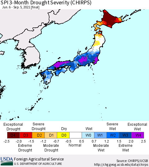 Japan SPI 3-Month Drought Severity (CHIRPS) Thematic Map For 6/6/2021 - 9/5/2021