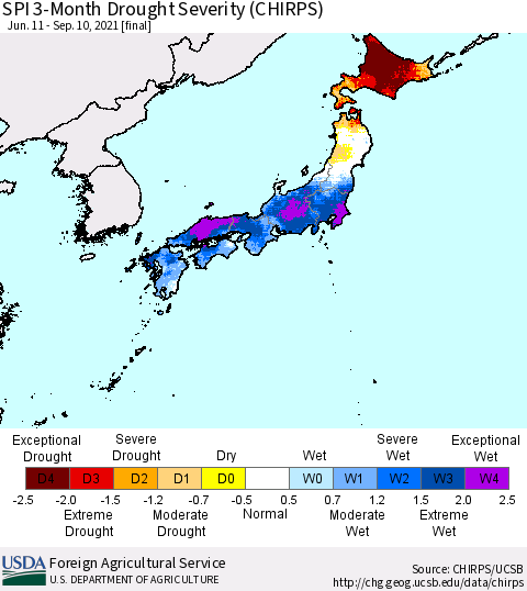 Japan SPI 3-Month Drought Severity (CHIRPS) Thematic Map For 6/11/2021 - 9/10/2021