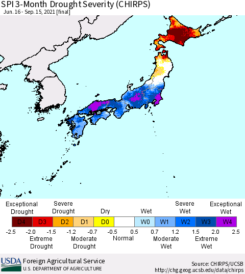 Japan SPI 3-Month Drought Severity (CHIRPS) Thematic Map For 6/16/2021 - 9/15/2021