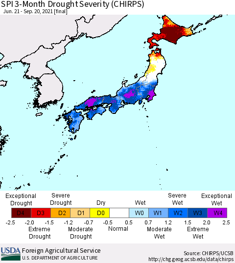 Japan SPI 3-Month Drought Severity (CHIRPS) Thematic Map For 6/21/2021 - 9/20/2021