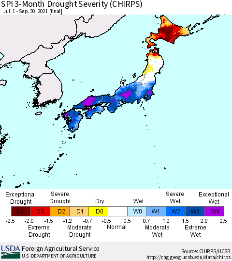 Japan SPI 3-Month Drought Severity (CHIRPS) Thematic Map For 7/1/2021 - 9/30/2021