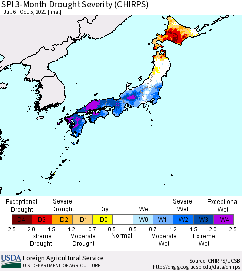 Japan SPI 3-Month Drought Severity (CHIRPS) Thematic Map For 7/6/2021 - 10/5/2021