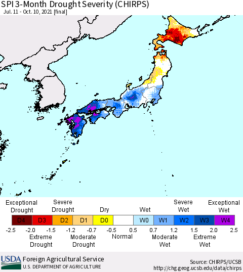 Japan SPI 3-Month Drought Severity (CHIRPS) Thematic Map For 7/11/2021 - 10/10/2021