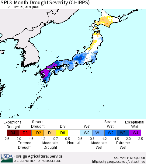 Japan SPI 3-Month Drought Severity (CHIRPS) Thematic Map For 7/21/2021 - 10/20/2021