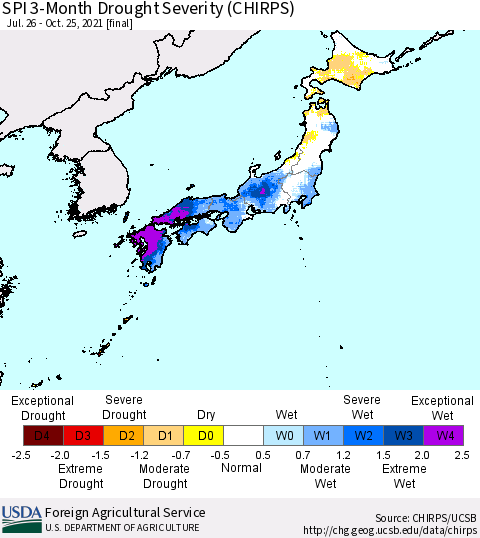 Japan SPI 3-Month Drought Severity (CHIRPS) Thematic Map For 7/26/2021 - 10/25/2021