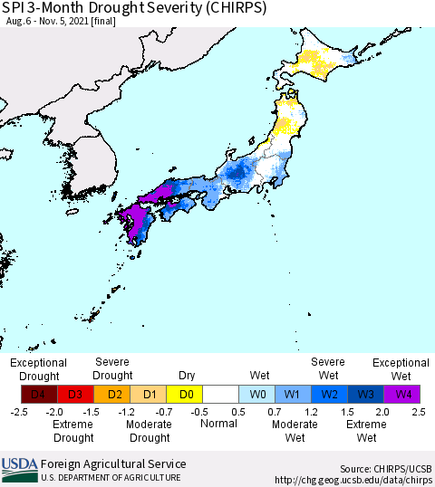 Japan SPI 3-Month Drought Severity (CHIRPS) Thematic Map For 8/6/2021 - 11/5/2021
