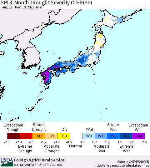 Japan SPI 3-Month Drought Severity (CHIRPS) Thematic Map For 8/11/2021 - 11/10/2021