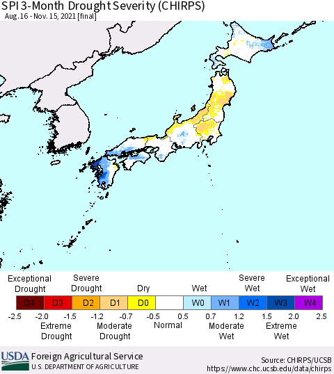Japan SPI 3-Month Drought Severity (CHIRPS) Thematic Map For 8/16/2021 - 11/15/2021