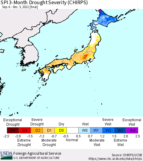 Japan SPI 3-Month Drought Severity (CHIRPS) Thematic Map For 9/6/2021 - 12/5/2021