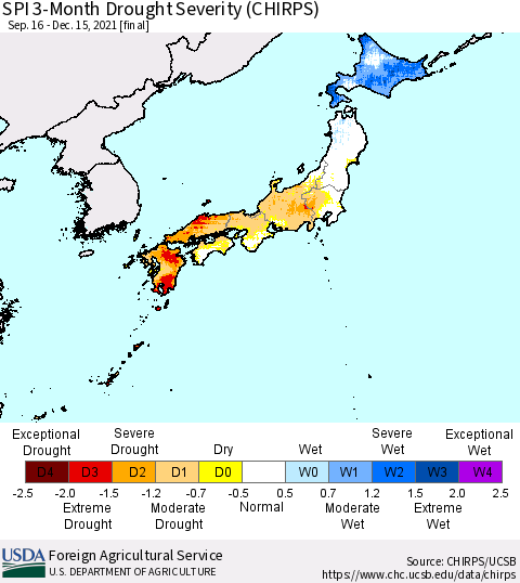 Japan SPI 3-Month Drought Severity (CHIRPS) Thematic Map For 9/16/2021 - 12/15/2021