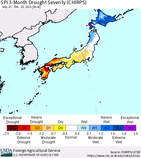 Japan SPI 3-Month Drought Severity (CHIRPS) Thematic Map For 9/21/2021 - 12/20/2021