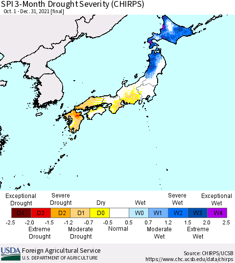 Japan SPI 3-Month Drought Severity (CHIRPS) Thematic Map For 10/1/2021 - 12/31/2021