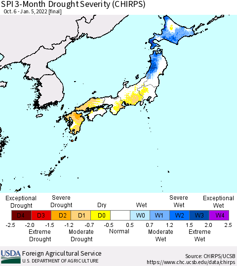 Japan SPI 3-Month Drought Severity (CHIRPS) Thematic Map For 10/6/2021 - 1/5/2022