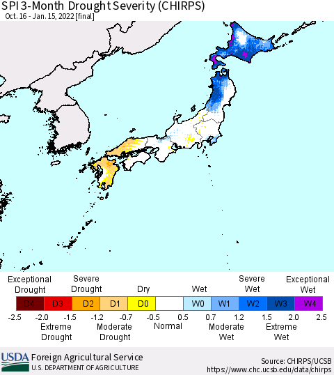 Japan SPI 3-Month Drought Severity (CHIRPS) Thematic Map For 10/16/2021 - 1/15/2022