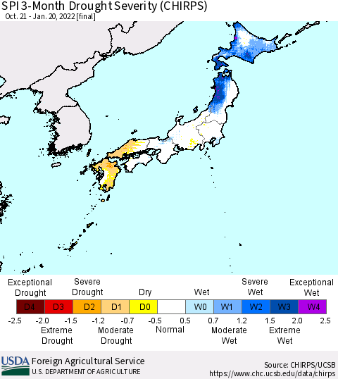 Japan SPI 3-Month Drought Severity (CHIRPS) Thematic Map For 10/21/2021 - 1/20/2022