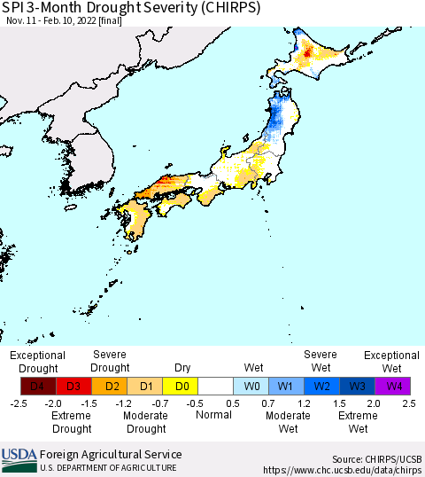 Japan SPI 3-Month Drought Severity (CHIRPS) Thematic Map For 11/11/2021 - 2/10/2022