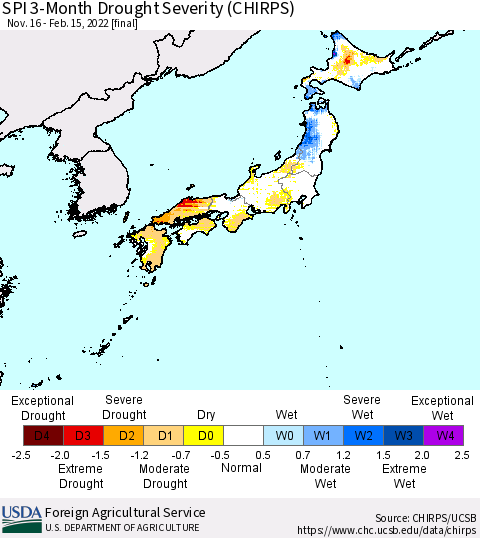 Japan SPI 3-Month Drought Severity (CHIRPS) Thematic Map For 11/16/2021 - 2/15/2022